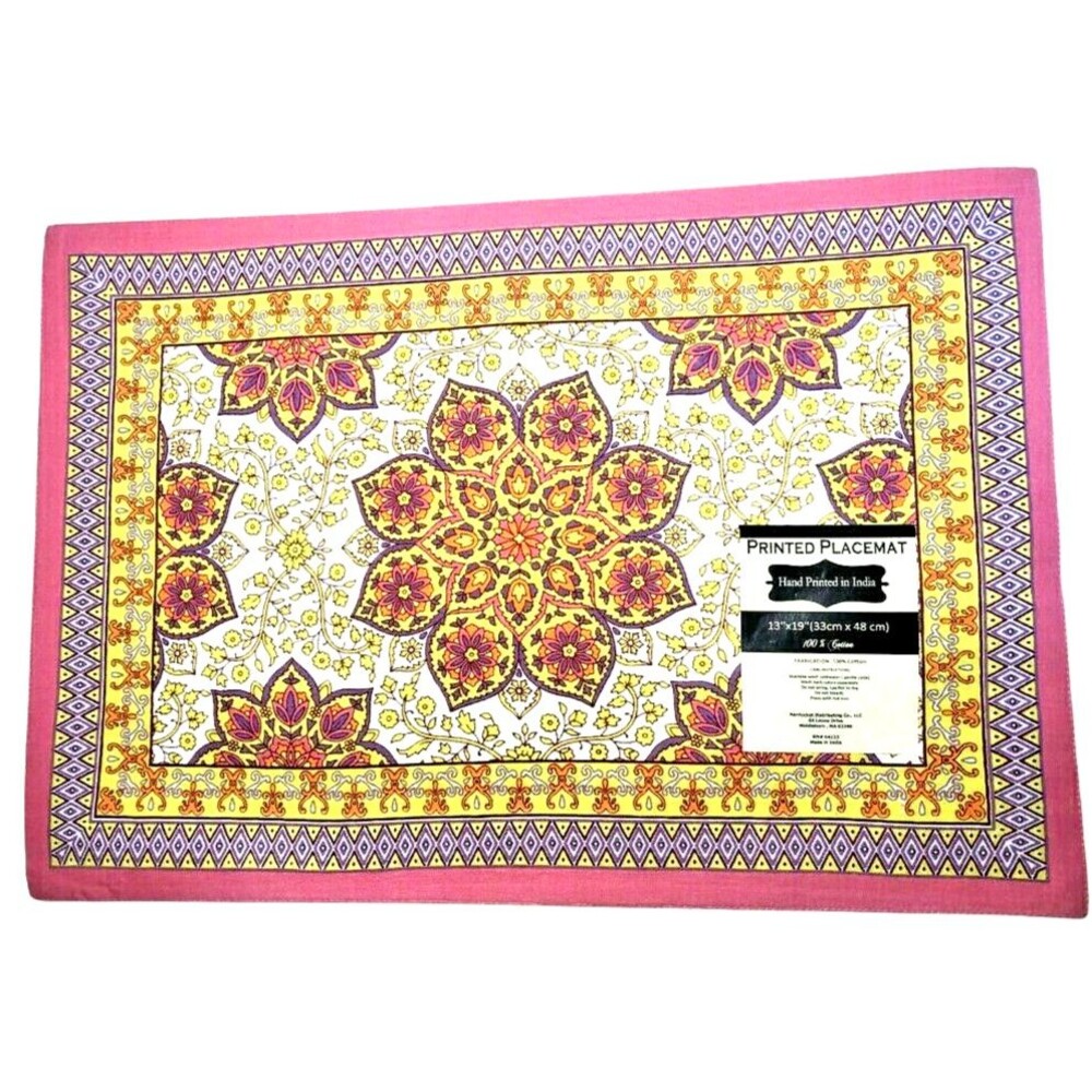 Nantucket Pink Medallion Placemats Yellow Cotton Machine Wash Set of 4
